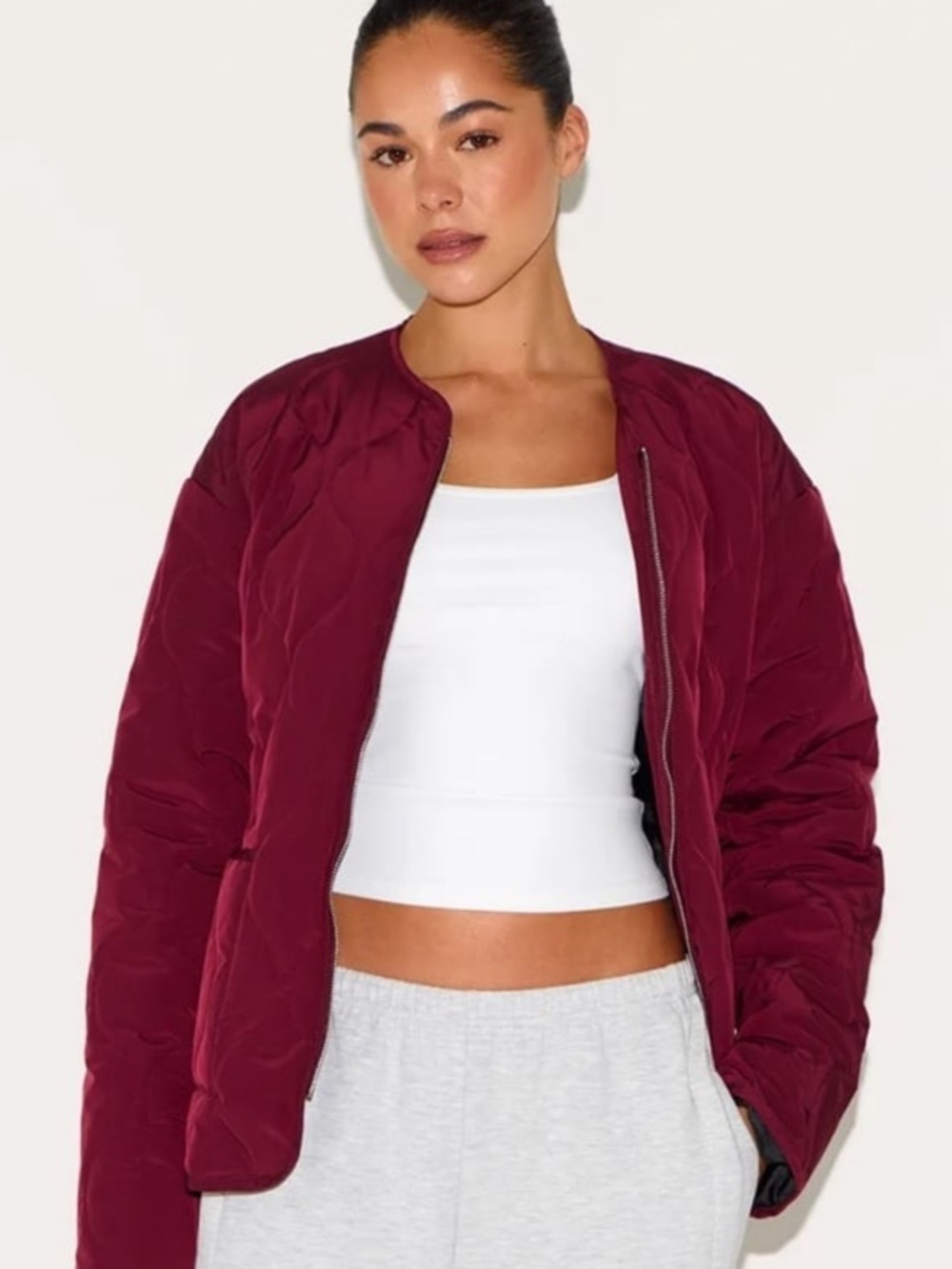 PrettyLittleThing Quilted Bomber Jacket in Burgundy